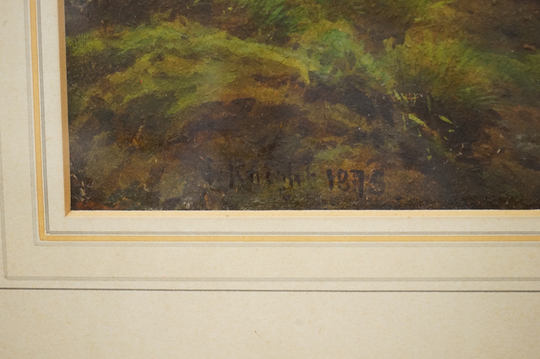 Joseph Knight, oil, landscape with seated figure, signed and dated 1874, 29 x 25cm